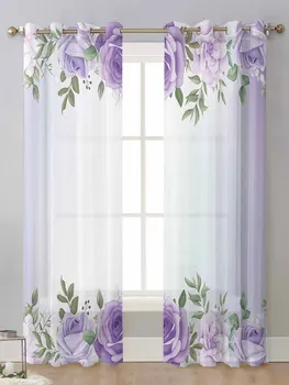 Pavasarinės violetinės akvarelės gėlės Vientisos užuolaidos svetainei Langas Voile Tiulis Užuolaidos Kortinas Užuolaidos Namų dekoras