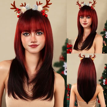 HENRY MARGU Ilgas tiesus perukas Raudonas juodas Ombre perukas su kirpčiukais Sluoksniuotas sintetinis natūralus perukas Kalėdinis vakarėlis Dienos netikri plaukai Moterys