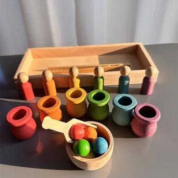Bukas Mediniai vaivorykštės rūšiavimo žaislai Ankstyvasis mokymasis vaikams Pastelinis puodas Lėlės su kamuoliukais