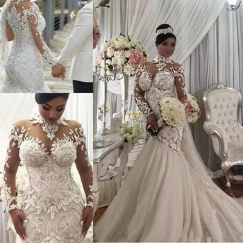 Plius Size Illusion Undinės undinės vestuvinės suknelės Nigerija Aukštas kaklas Pilna nugara Dubajaus arabų pilies suknelė