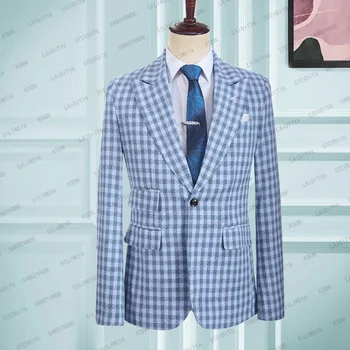 Luxury Blazer vyriško kostiumo švarkas mėlynas vyrams Peaked Lapel Single Breasted Pleded Pattern One Piece Slim FIit 2023 Wedding