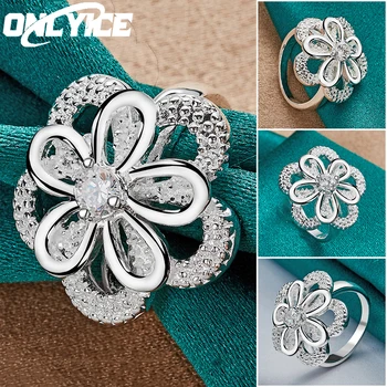Charm 925 Sterling Silver AAA Zircon Big Flower Ring for Woman Size 7/8/9/10 Christmas Gifts Fashion Party Wedding Jewelry