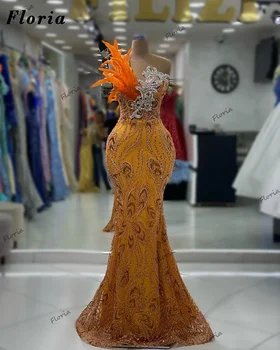 Elegantiškos oranžinės undinės prom suknelės Individualūs karoliukų kristalai Moterys Ilgi vakariniai chalatai Dubajaus plunksnos Vakarėlio suknelė plius dydis