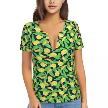 Tropiniai bananų marškinėliai Vaisių spauda Vintažiniai marškinėliai Seksualūs gilaus V kaklo trumpomis rankovėmis atspausdinti topai 2024 Moteriški paprasti drabužiai