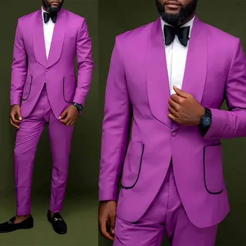 STEVDITG Elegantiški violetiniai vyriški kostiumai Bšvarkas Skara Atvartas Viengubas krūtinė Taisyklingo ilgio Oficialios 2 dalių švarko kelnės Vakarienės apranga