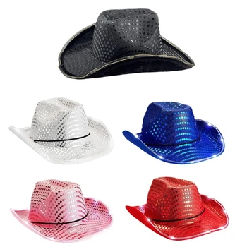 Sutirštinkite blizgučius Fedora skrybėlė Kaubojaus skrybėlė su LED šviesos kraštu Vakarų veltinio skrybėlė