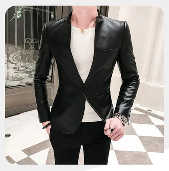Solid Black Slim Fit Blazer Hombre PU odinė striukė Vyrai One Button Business Casual Prom Blazers Vyrams Korėjietiškas kostiuminis paltas
