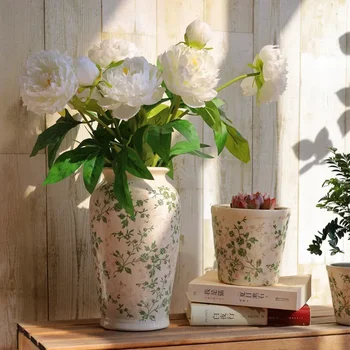Vintažinė keraminė vaza žalia gėlių ledo įtrūkimas vaza žalia augalas mėsingas gėlių vazonas paprastas gėlių vazonas namų dekoravimas