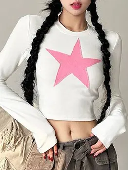 Duoyunn Moterys ilgomis rankovėmis gotikinės crop tops Crewneck Slim Graphic trikotažai Y2K estetiniai Harajuku marškiniai Fairy Grunge aptempti marškinėliai