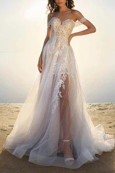 Elegantiškos mielaširdingos vestuvinės suknelės nuo peties be nugaros nėrinių aplikacija Tiulio šone padalinti nuotakos chalatai Traukinys Vestidos De Novia