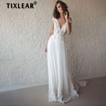 TIXLEAR Princess Cap Sleeves vestuvinė suknelė 2023 Bohemian Lace Applique Chiffon Bridal Gown V-neck Vestidos De Novia Sweep Trian