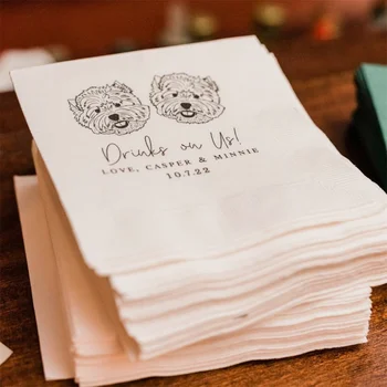Individualizuotos iliustruotos šunų vestuvinės servetėlės, nuotakos dušas, sužadėtuvių vakarėlis, pasirinktinės baro servetėlės, pasirinktinės naminių gyvūnėlių vestuvinės servetėlės, šunų napas