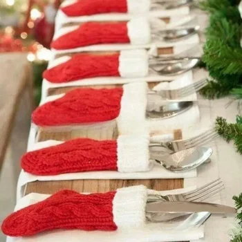 Naujos kalėdinės dekoracijos Kalėdų eglutės kojinės Kūrybinis pakabukas Kalėdinės megztos kojinės Stalo įrankių dangtelis