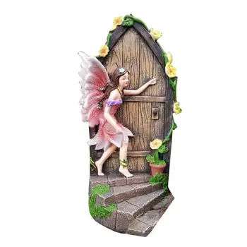 Miela miniatiūrinių durų statula Fėja Elfas Sodo dekoras Derva Fėja Beldžiasi į duris Meno sodas Skulptūra Statulos Papuošalai