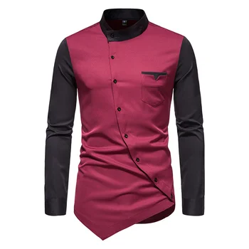 #4717 Sujungtos spalvos vintažiniai marškiniai Vyrai ilgomis rankovėmis Patchwork Netaisyklingos įstrižos sagos Asimetriški suknelės marškiniai Stovas Apykaklė