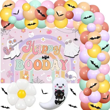 Happy Boo Day Vakarėlio dekoracijos Groovy Hippie Halloween balionų girlianda su fonu mergaitėms Baisūs gimtadienio vakarėlio reikmenys