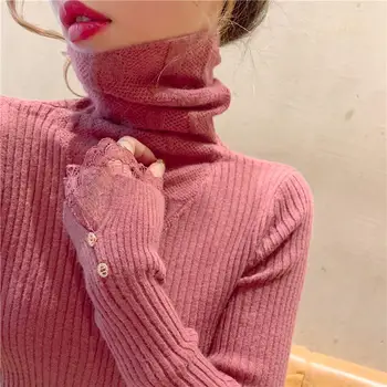 Elegantiška krūvos apykaklė Vientisos spalvos sujungti nėrinių marškinėliai Moteriški drabužiai 2023 Rudens žiema Liekni Korėjos topai Biuras Lady Tee marškinėliai
