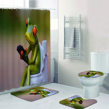 Juokinga 3D varlė ant tualeto Dušo užuolaidų komplektas Porceliano medžio varlė Vonios kambario užuolaidos Vaikiška vonia Kilimėliai Kilimėliai Kilimas Namų dekoro aksesuarai