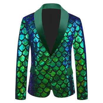 Mens Shiny Green Sequins Tuxedo Jacket Shawl Lapel One Button Velvet Suit Blazer Jacket Dinner Prom Party Wedding Costume Homme