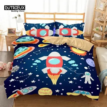 Cartoon Astronaut Duvet Cover King For Boys Girl Galaxy Space Rainding Package Microfiber Rocket Ship Space Adventure Comforter Cover