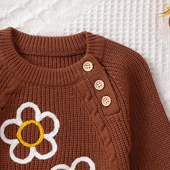 Baby Girl megztinis Romper ilgomis rankovėmis Apvalus kaklas Gėlių megztas smėlinukas Kūdikio rudens žieminė apranga