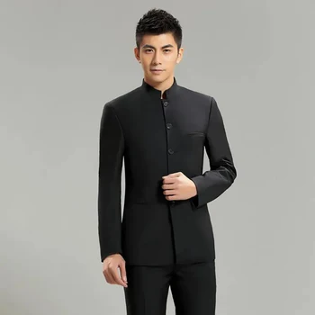Black Zhongshan vyriškas kostiumas Dviejų dalių(švarkas+kelnės) Plonas prigludimas ir gražūs vyriški kasdieniai laisvalaikio drabužiai trajes de hombre
