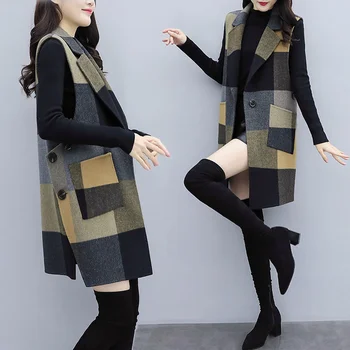 Pledinė vilnonė liemenė Moterys Moteris Ruduo ir žiema Naujos Moteriškos Korėjietiškos ilgos mados plonos vilnos palto kostiumo apykaklė Gilet Femme