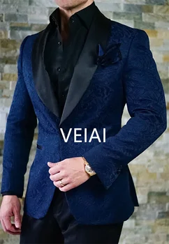 Kostiumas Homme 2022 Gentleman Bespoke Vyriški kostiumai Klasikiniai Terno Slim Navy mėlynai marginti vyriški kostiumai su kelnėmis Vestuvių jaunikio smokingai