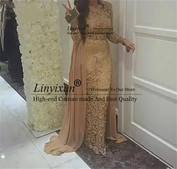 Šampanas Dubajus Arabija Nėriniuota Prom suknelė ilgomis rankovėmis Tiesūs vakariniai chalatai su nuimamais traukinio karoliukais Krištolo ilgio vakarėlio suknelė