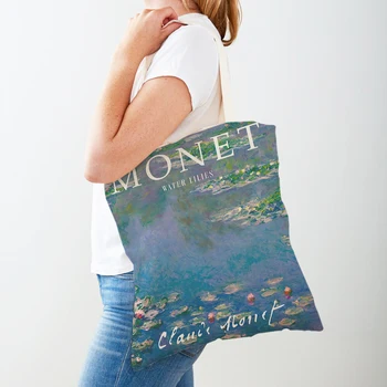Monet Picasso Papūga Drugelio kalnas Pirkinių krepšys Dvigubas spausdinimas Eco Casual Nordic Pirkėjų krepšiai Lady Canvas Tote Moteriškos rankinės