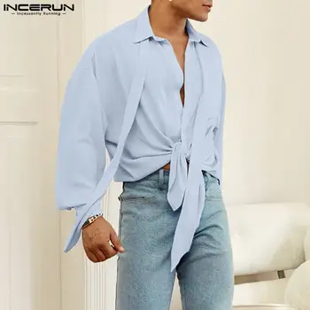 INCERUN Tops 2023 Amerikietiško stiliaus dailūs vyriški mados kaspino dizaino marškiniai Laisvalaikio tvirta Patogi palaidinė laisvomis rankovėmis S-5XL