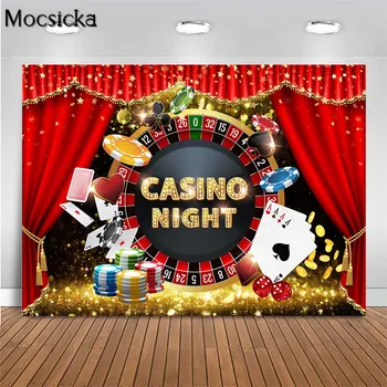 Mocsicka kazino nakties tema Gimtadienio vakarėlis Fonas Raudona uždanga Pokerio kauliukai Foto fonas Las Vegasas Auksiniai blizgučiai Dekoro reklamjuostė
