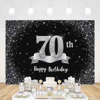 Juodas sidabrinis fonas Laimingas 70-ojo gimtadienio fonas fotografijai Vakarėlio dekoravimo reklamjuostė Septyniasdešimties metų senumo foto būdelės rekvizitai