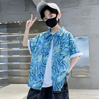 Nauji 2023 m. Berniuko vasaros marškiniai trumpomis pusėmis rankovėmis Vaikiškų drabužių spausdinimas Korėjos mados paaugliai Gražūs vaikiški drabužiai Palaidinės