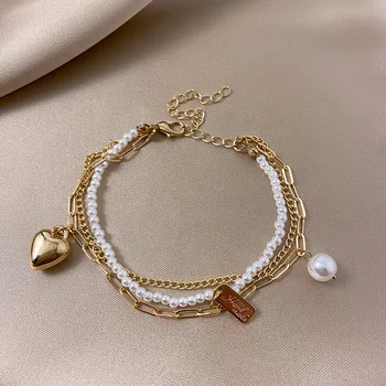 Elegantiškos daugiasluoksnės perlų širdies apyrankės moterims Romantiška svajonė Net Star Mėnulio apyrankė Mada Moteriški riešo aksesuarai