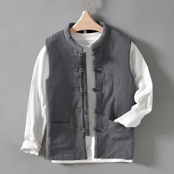 Heathy Fabric China Style Stand Collar Thicken Warm Casual Waistcoat Vyriška vintažinė vienspalvė laisvalaikio liemenė