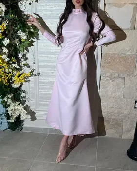 Karoliukai Suknelės be nugaros 2023 Rožinės ilgomis rankovėmis Kulkšnies ilgio Arabia Party Gown Elegantiška vakarinė suknelė Eid Vestidos De