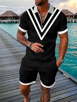 Vyriškas sportinis kostiumas Laisvalaikio vasaros trumpomis rankovėmis Polo marškinių šortai Kostiumas dviejų dalių komplektas Vyriški drabužiai Gatvės drabužiai Vyriški užtrauktukai Paplūdimio apranga