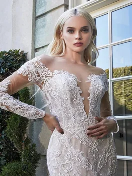 2023 Plius dydžio kaimo sodo aplikacijos suknelė ilgomis rankovėmis nuotakai romantiška nėrinių apvalkalo vestuvinė suknelė