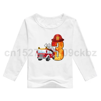 Baby Boys Cool Firefighter Car Gimtadienio numeriai Marškinėliai ilgomis rankovėmis Vaikai Rudens mergaičių dovana Dovanoti Drabužiai Vaikai Baltos viršūnės