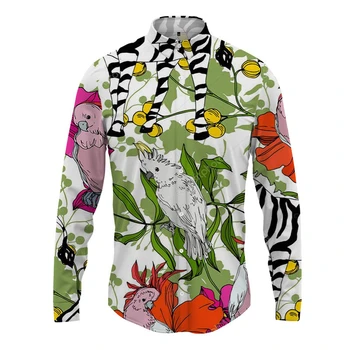 Smagūs havajietiški marškiniai 3D spausdinimas Vyriški laisvalaikio ilgomis rankovėmis Top Fashion Button stiliaus kardiganas Didelis pavasario ir rudens gyvūnų paukštis