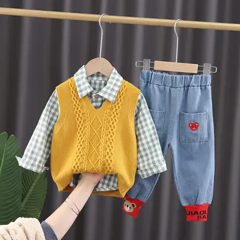 Nauja mada Baby Boys Kids Žieminiai drabužiai Medvilninis animacinis megztinis Liemenė Palaidinės Kelnės 3 vnt Apranga su gobtuvu Kostiumas Vaikų drabužiai