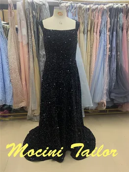 2024 HOT Black Color Sequin Back Strap Trailing Vakarinė suknelė Karoliukai kvadratinė apykaklė elegantiška luckgirls mocini siuvėjas