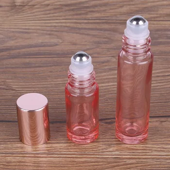 1 gabalas 5ml + 1 gabalas 10ml rožinio stiklo ritinėlis ant pakartotinai užpildomų butelių su nerūdijančio plieno ritininiu rutuliu kvepalų eteriniam aliejui