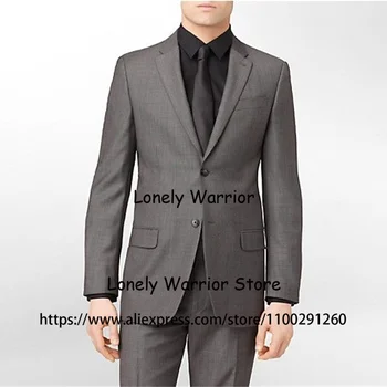 Fashion Grey Suit For Men Slim Fit Business Blazer Hombre Notched Lapel Wedding Groom Tuxedo Kostiumas Homme 2 dalių švarko kelnės