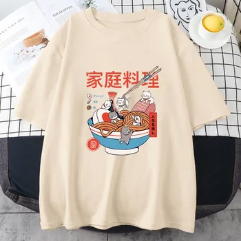Ramen Cats Women Japanese Anime Characters marškinėliai 100% medvilniniai laisvalaikio marškinėliai Vasariniai Harajuku Kawaii drabužiai Slight Strech
