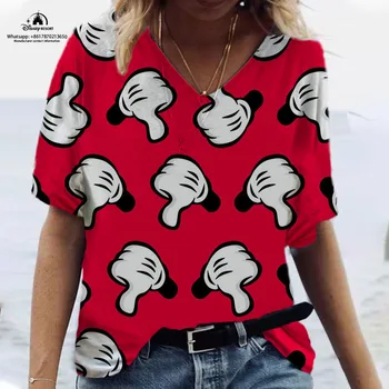 2023 Disney Mickey Minnie Anime Summer New Ladies marškinėliai su V formos kaklu 3D spausdinimas Moteriškos viršūnės Marškinėliai trumpomis rankovėmis