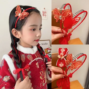 Vaikų Naujieji metai Raudonai išsiuvinėtas drugelio gėlių kaspinas Pintas plaukų lankas Kinų stiliaus pavasario festivalis Mergaičių plaukaiAccessories