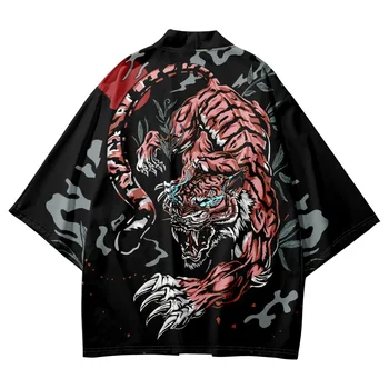 Mada Azijos drabužiai Japonų manga tigras spausdinti Kimono marškiniai Vyrai Laisvi samurajų kardigano viršūnės plius dydis 6XL 5XL 4XL