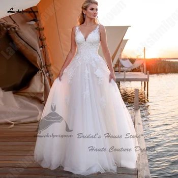 Lakshmigown Princess Women Beach vestuviniai chalatai Nėriniai atgal 2023 Chalatas De Marie Civilinės nuotakos suknelės V kaklo nėrinių aplikacijos